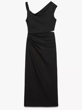 Zara One-Shoulder Black Cutout Midi Dress- ZW Collection